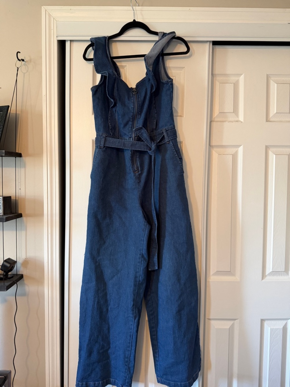 Tinseltown Dark Blue Denim Wide-Leg Jumpsuit with Belt
